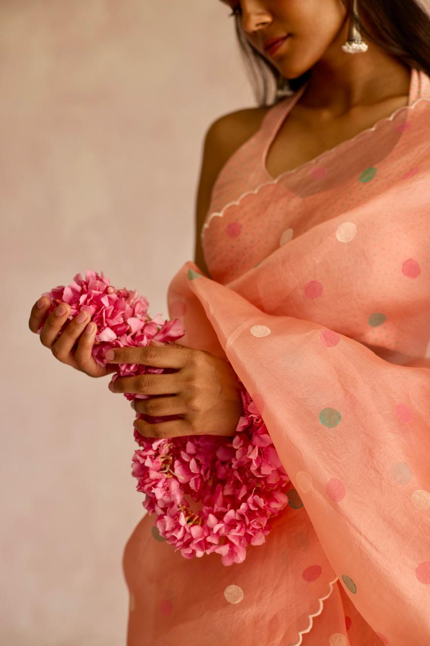Pink Radiance: Organza Block Printed Saree