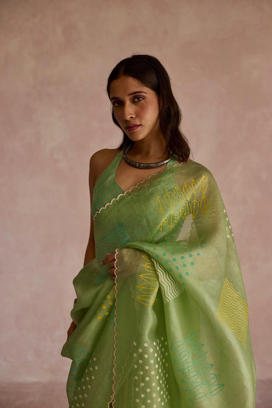 Green Grace: Organza Block Printed Saree