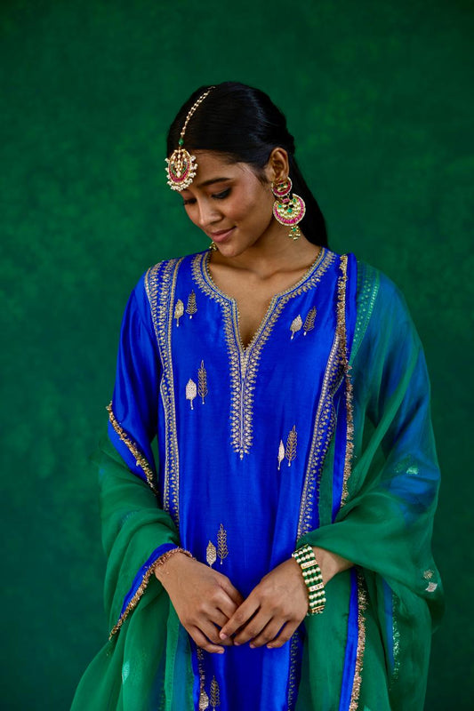 Serene Harmony: Blue + Green Silk Kali Set