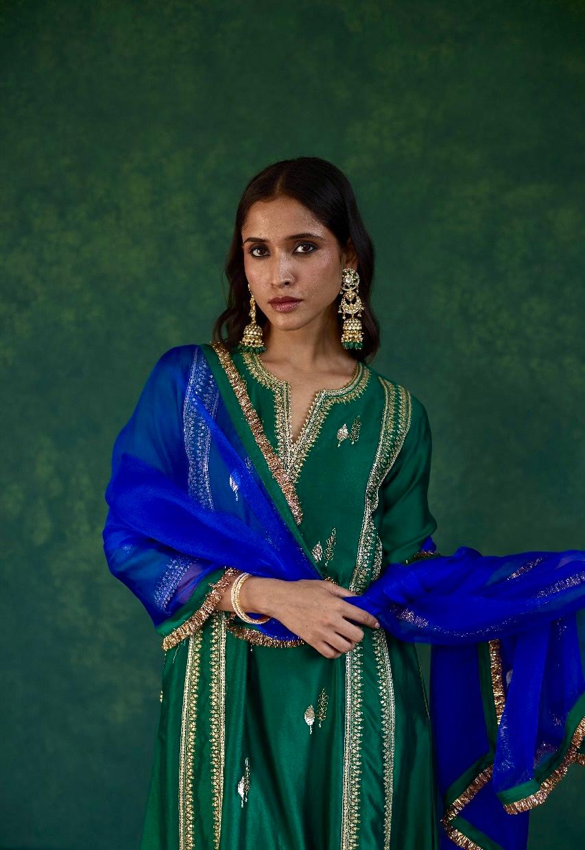 Verdant Elegance: Green + Blue Silk Kali Set