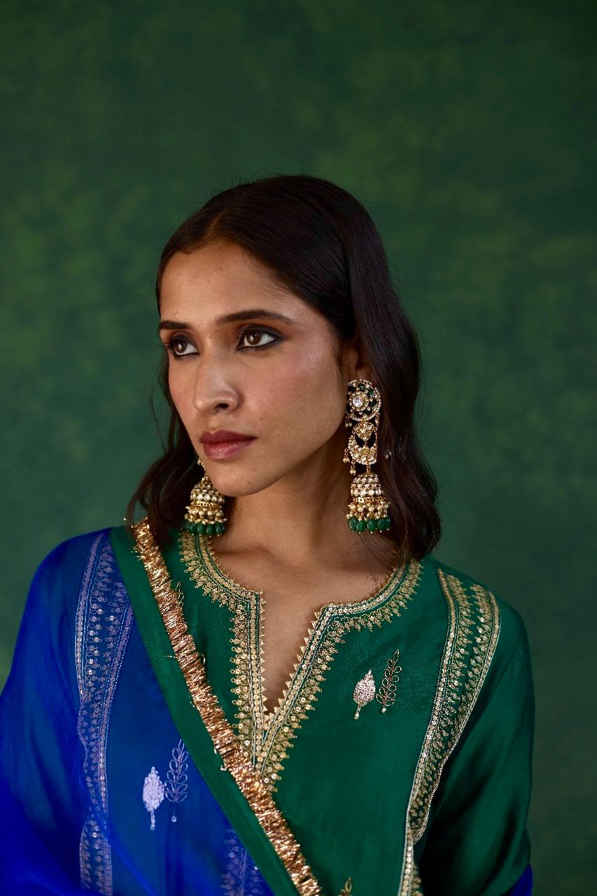 Verdant Elegance: Green + Blue Silk Kali Set