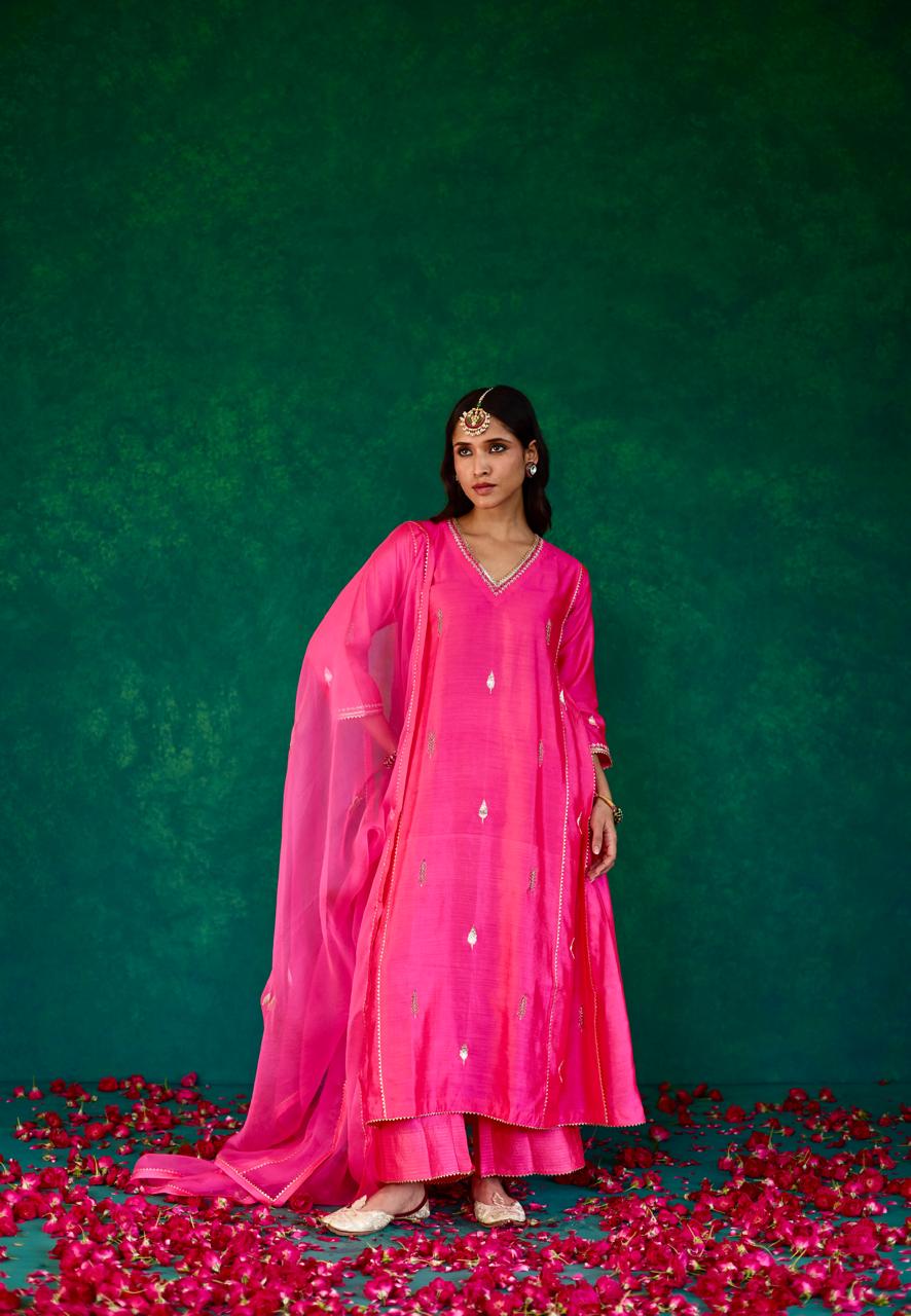 Blush Grace: Pink Silk Kali Set with Pintucks