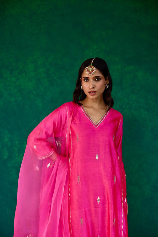 Blush Grace: Pink Silk Kali Set with Pintucks