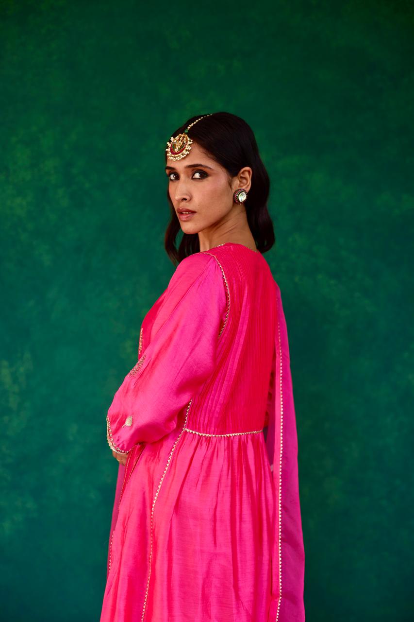 Blush Grace: Pink Silk Kali Set with Pintucks