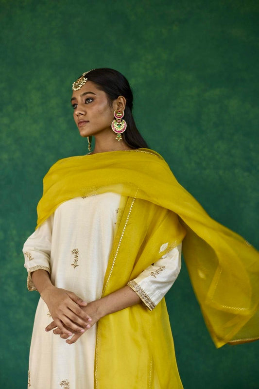 Timeless Ivory: Ivory + Leaf Green Silk Sharara Set