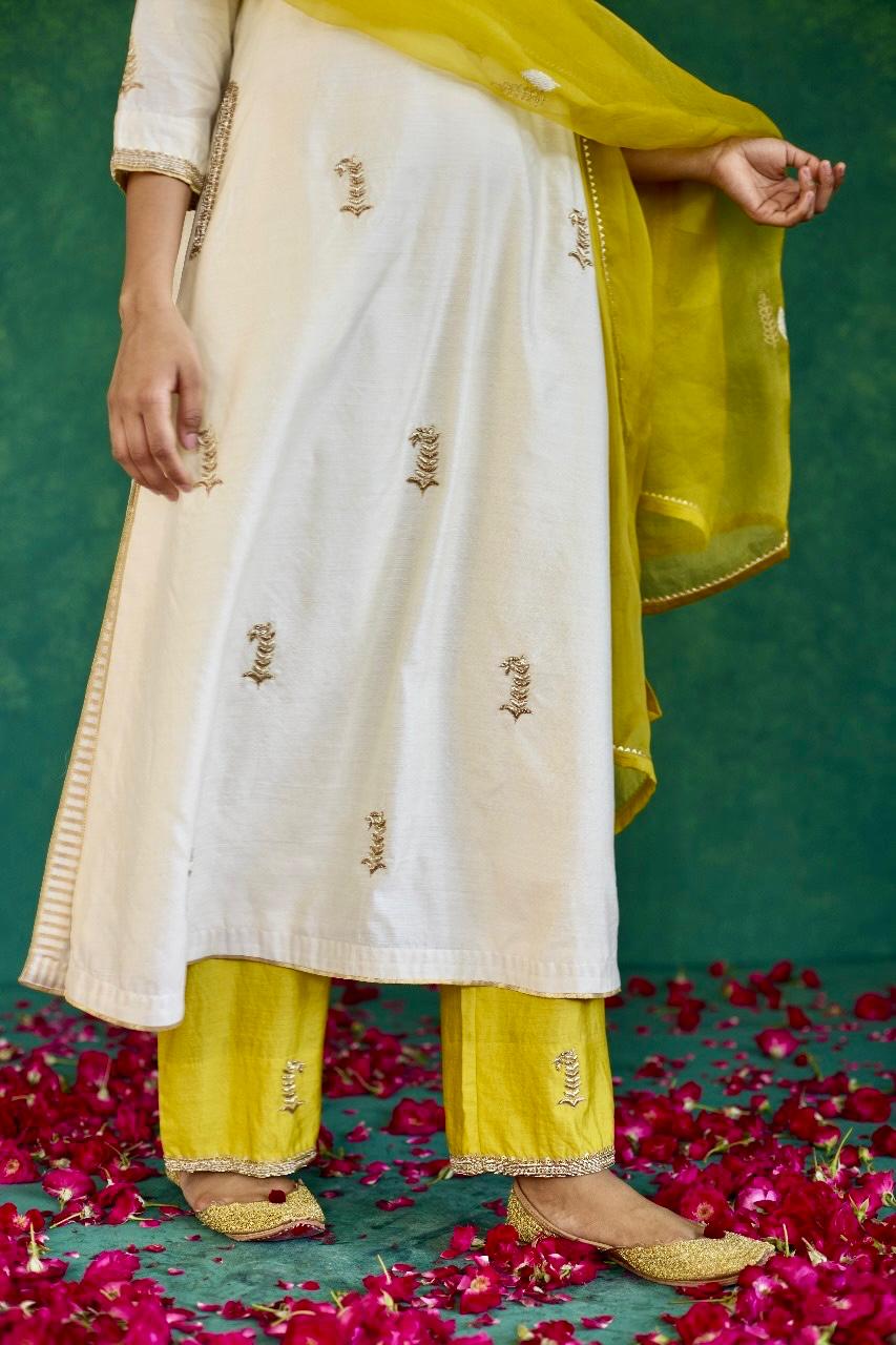 Timeless Ivory: Ivory + Leaf Green Silk Sharara Set