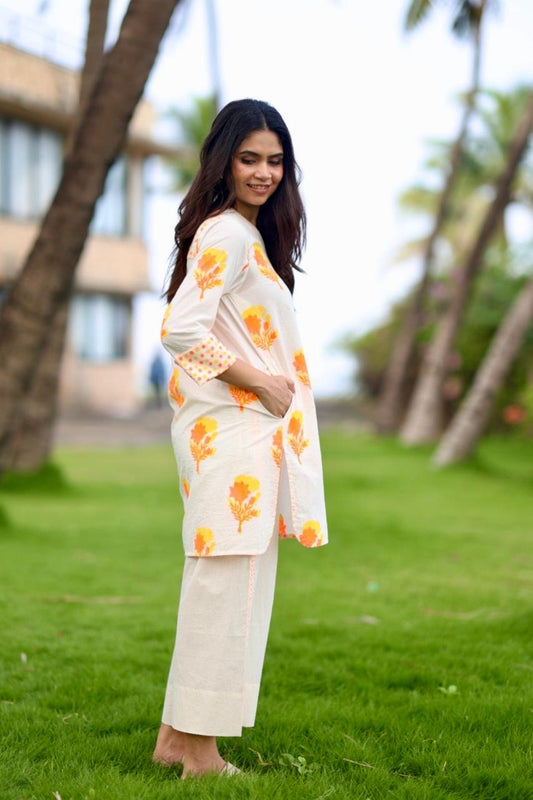 Citrus Bloom Co-ord Set - Ivory + Yellow & Orange