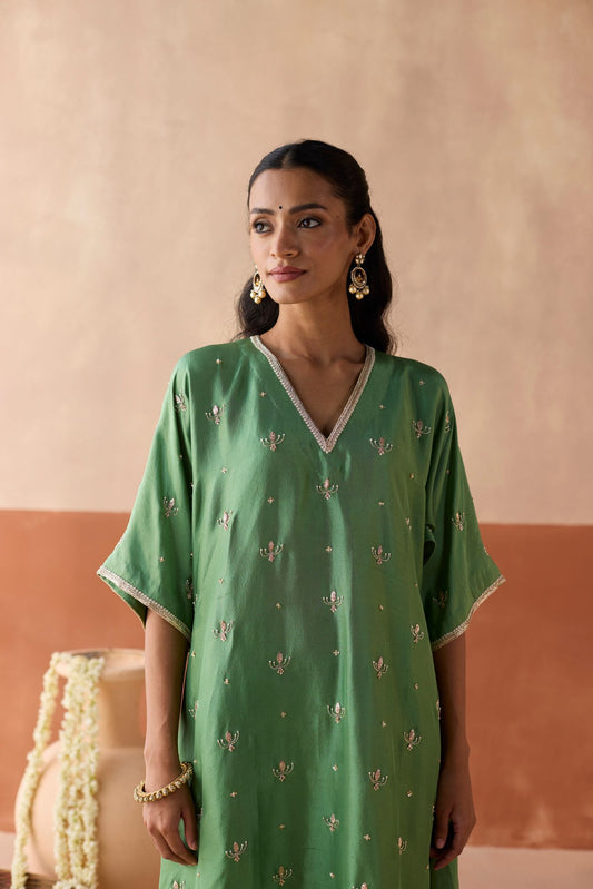 All Over Lotus Butti Kaftan - Sage Green