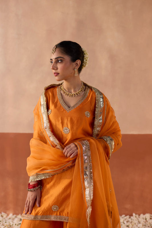 Vaidehi Tie Dye Banaras Silk Kurti - Marigold