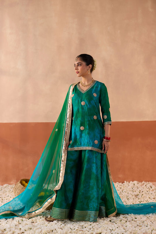 Vaidehi Tie Dye Banaras Silk Kurti - Megh-Panna Swirl