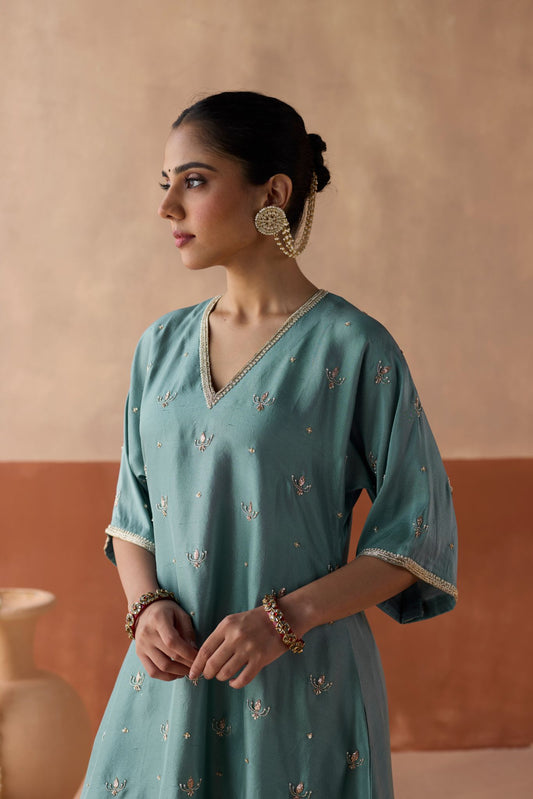 All Over Lotus Butti Kaftan - Powder Blue