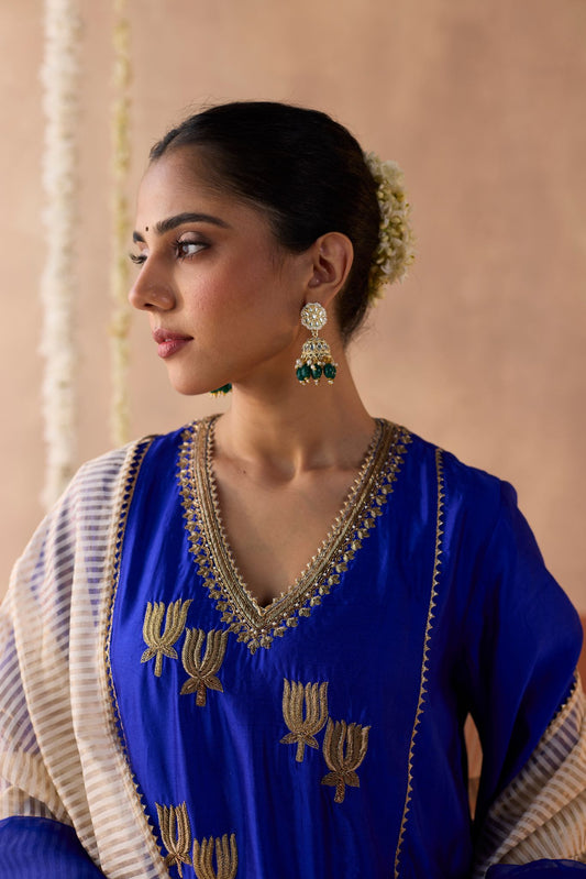 Kamal Banaras Silk Kurta - Blue