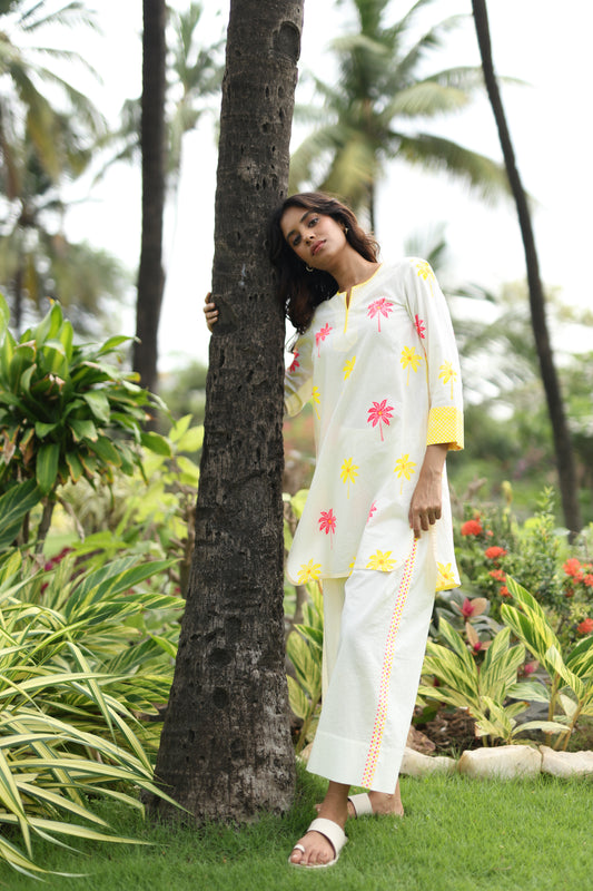 Blush Palm Co-ord Set - Ivory + Yellow & Pink