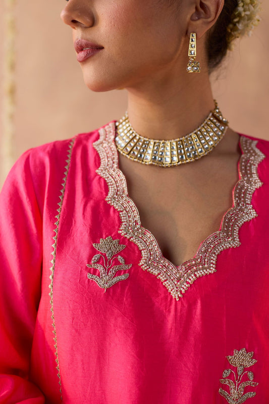 Phoolwari Banaras Silk Kurta - Fuchsia