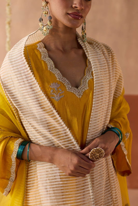 Phoolwari Banaras Silk Kurta - Haldi