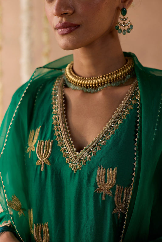 Kamal Banaras Silk Kurta - Green