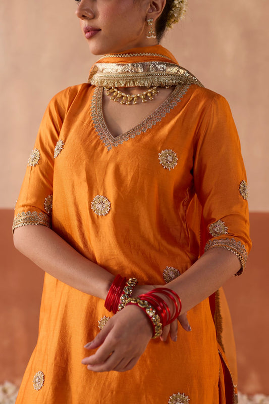 Vaidehi Tie Dye Banaras Silk Kurti - Marigold