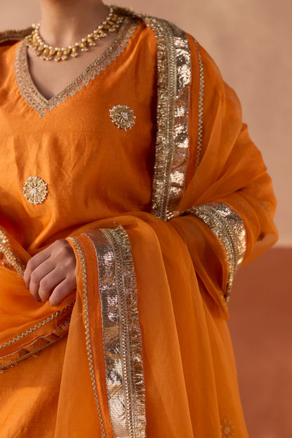 Vaidehi Tie Dye Banaras Silk Kurti - Marigold