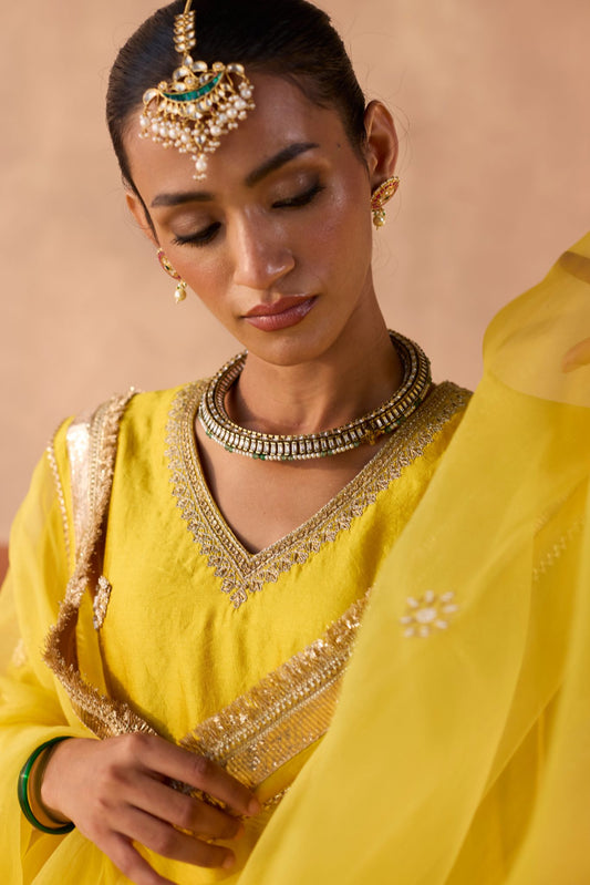 Vaidehi Tie Dye Banaras Silk Kurti - Haldi