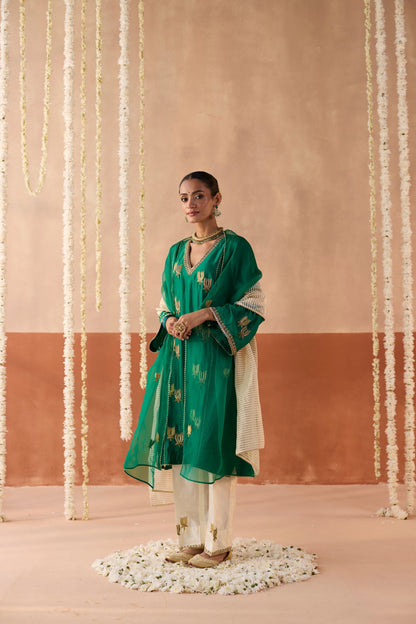 Kamal Banaras Silk Kurta - Green