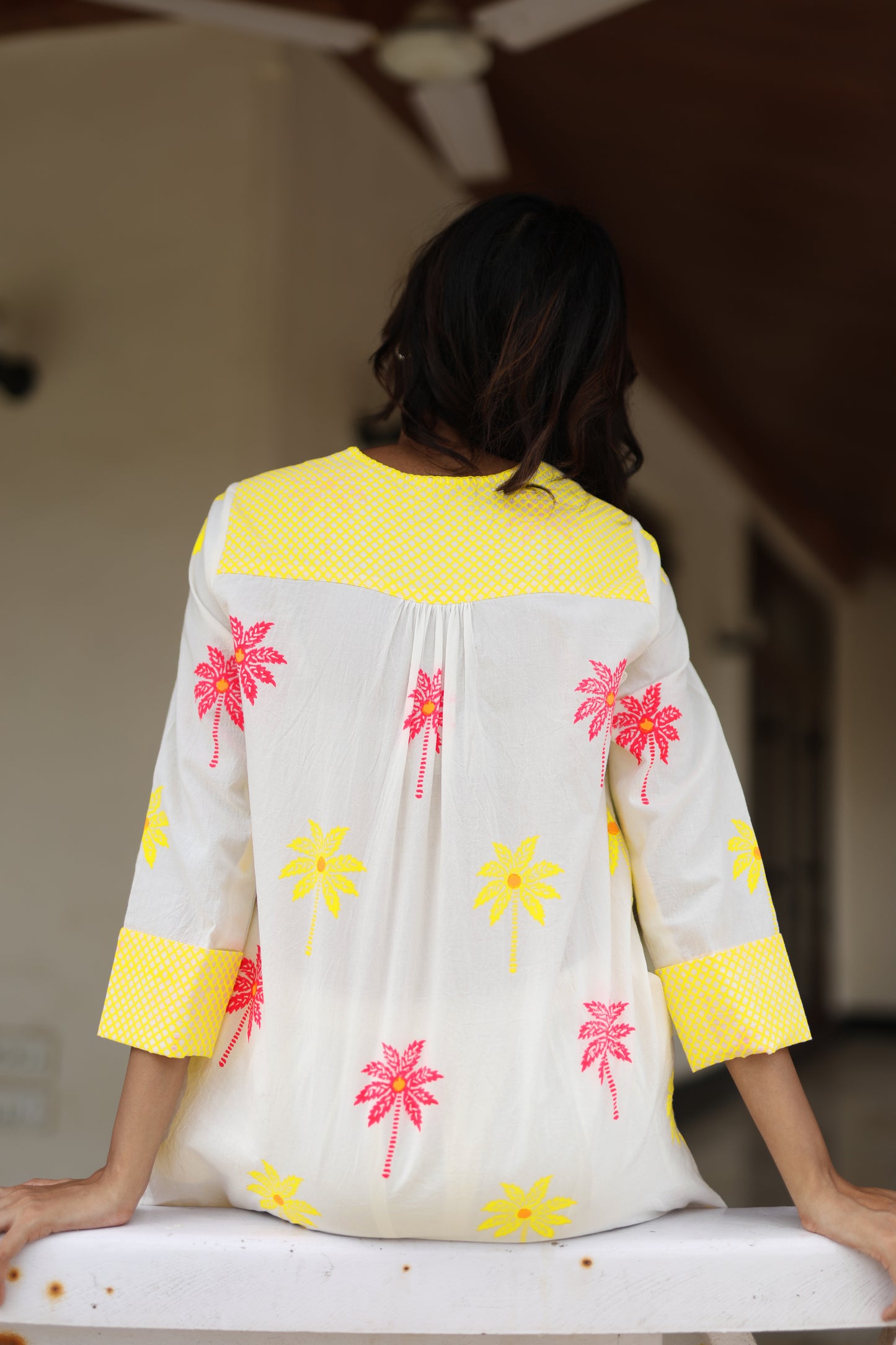Blush Palm Co-ord Set - Ivory + Yellow & Pink