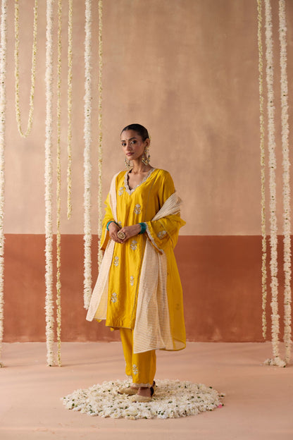 Phoolwari Banaras Silk Kurta - Haldi