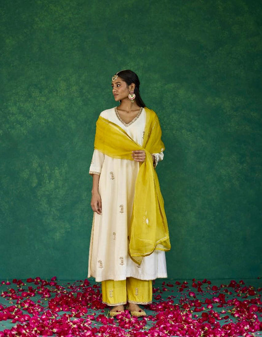 Timeless Ivory: Ivory + Leaf Green Silk Sharara Set