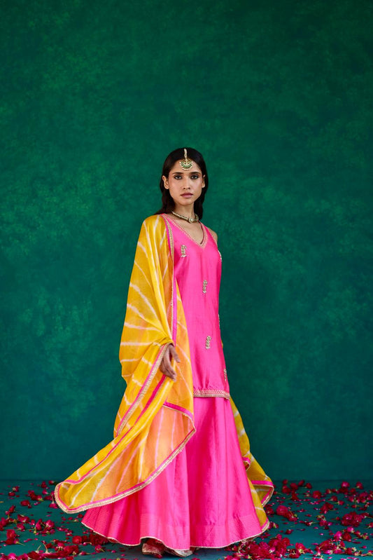 Sunrise Harmony: Pink + Yellow Silk Sharara Set
