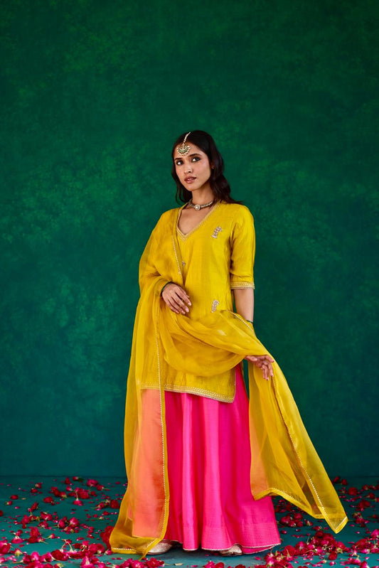 Verdant Elegance: Leaf Green + Pink Silk Sharara Set