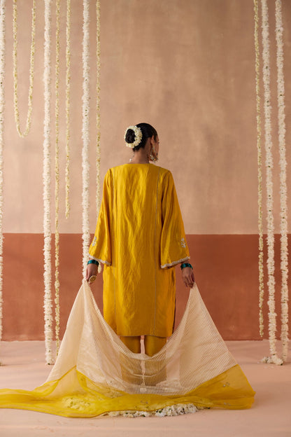 Phoolwari Banaras Silk Kurta - Haldi