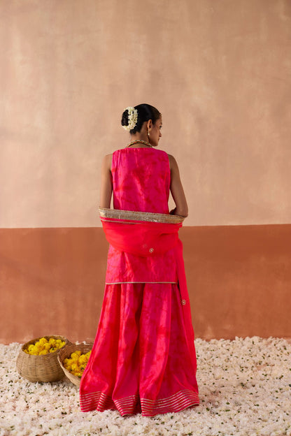 Vaidehi Tie Dye Banarasi Silk Kurti - Gulabi Laal Fusion