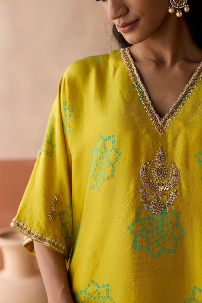 Flower Chaand Kaftan - Leaf Green