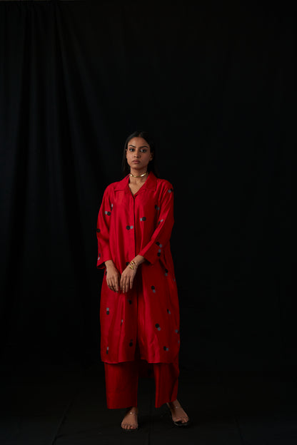 Crimson Dot Gala | Block Print Silk Kurta Set