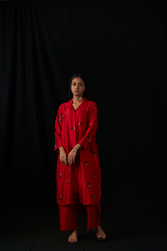 Crimson Dot Gala | Block Print Silk Kurta Set