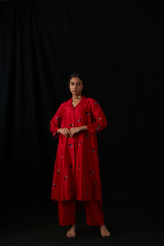 Crimson Dot Gala | Block Print Silk Kurta Set