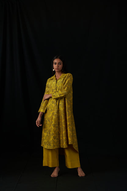Golden Leaf Soirée | Block Print Silk Kurta Set