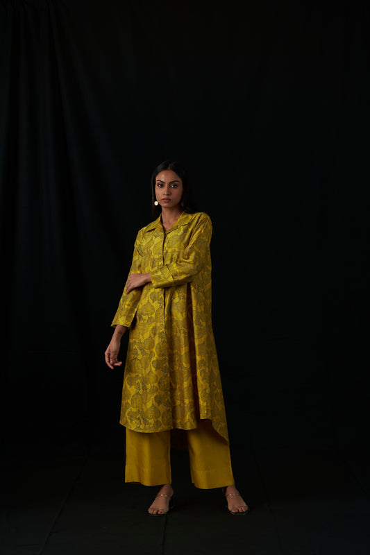 Golden Leaf Soirée | Block Print Silk Kurta Set