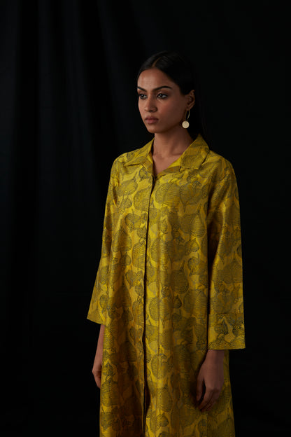 Golden Leaf Soirée | Block Print Silk Kurta Set