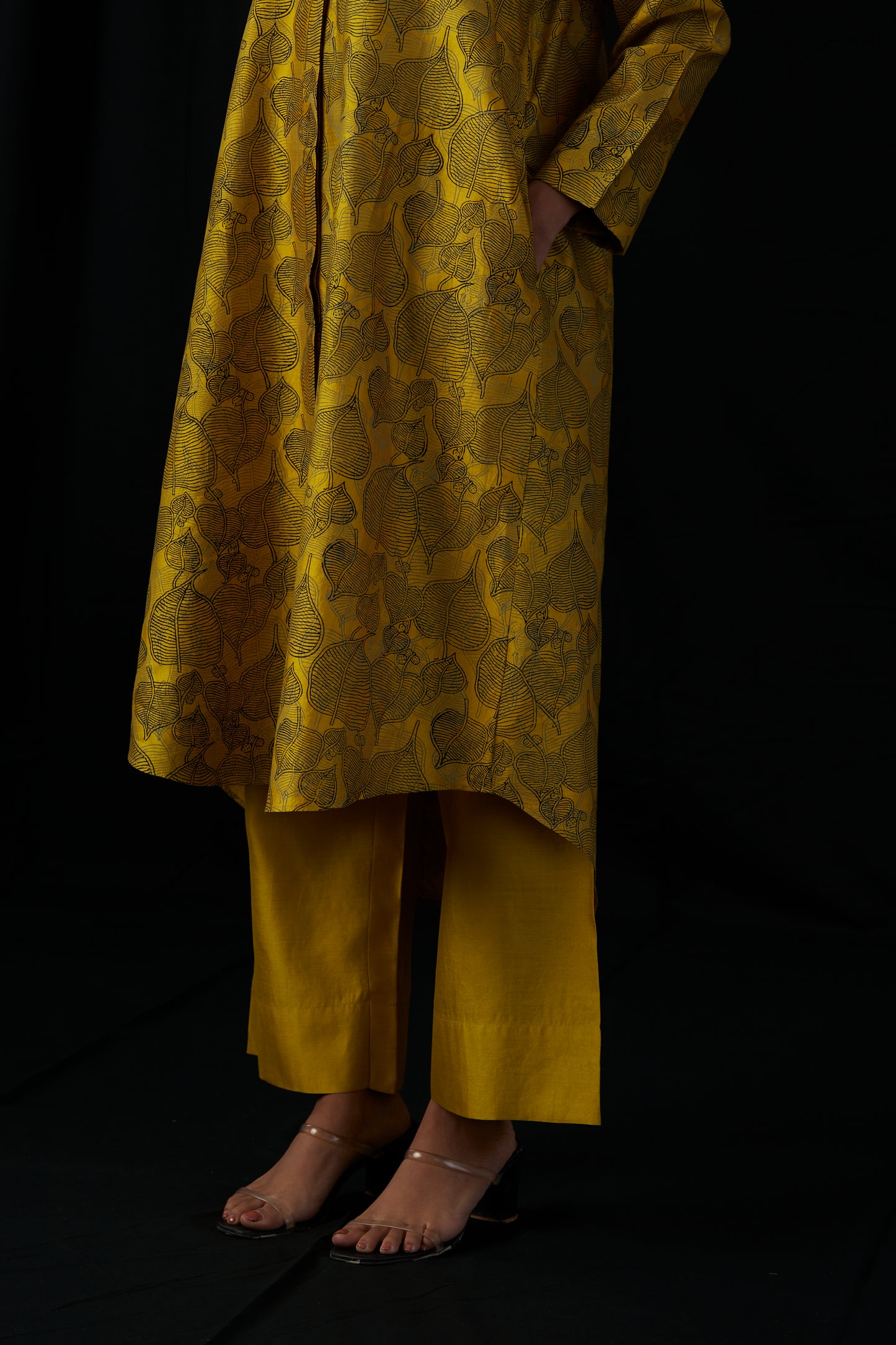 Golden Leaf Soirée | Block Print Silk Kurta Set