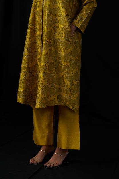 Golden Leaf Soirée | Block Print Silk Kurta Set