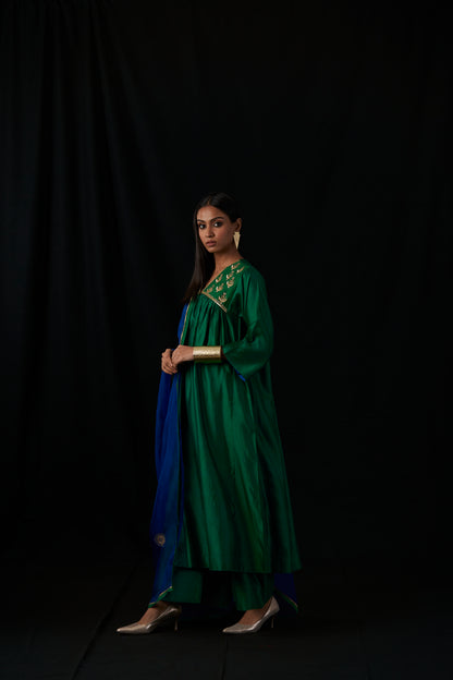 Silk - Chand Set - emerald  Green with embroidered organza dupatta