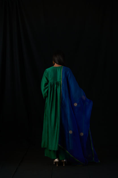 Silk - Chand Set - emerald  Green with embroidered organza dupatta