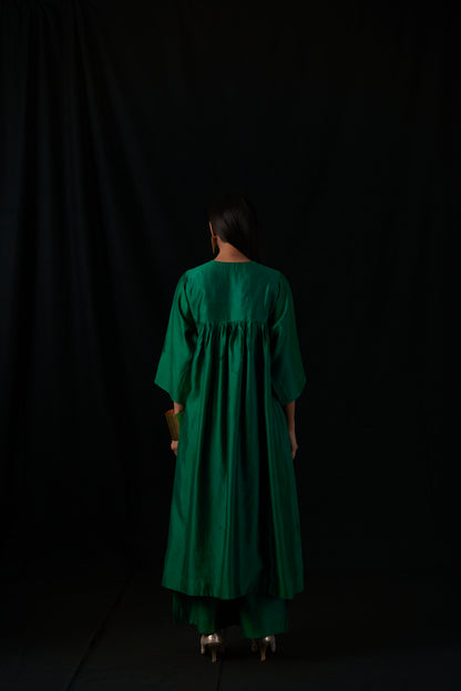 Silk - Chand Set - emerald  Green with embroidered organza dupatta