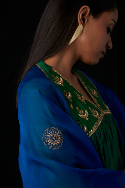 Silk - Chand Set - emerald  Green with embroidered organza dupatta
