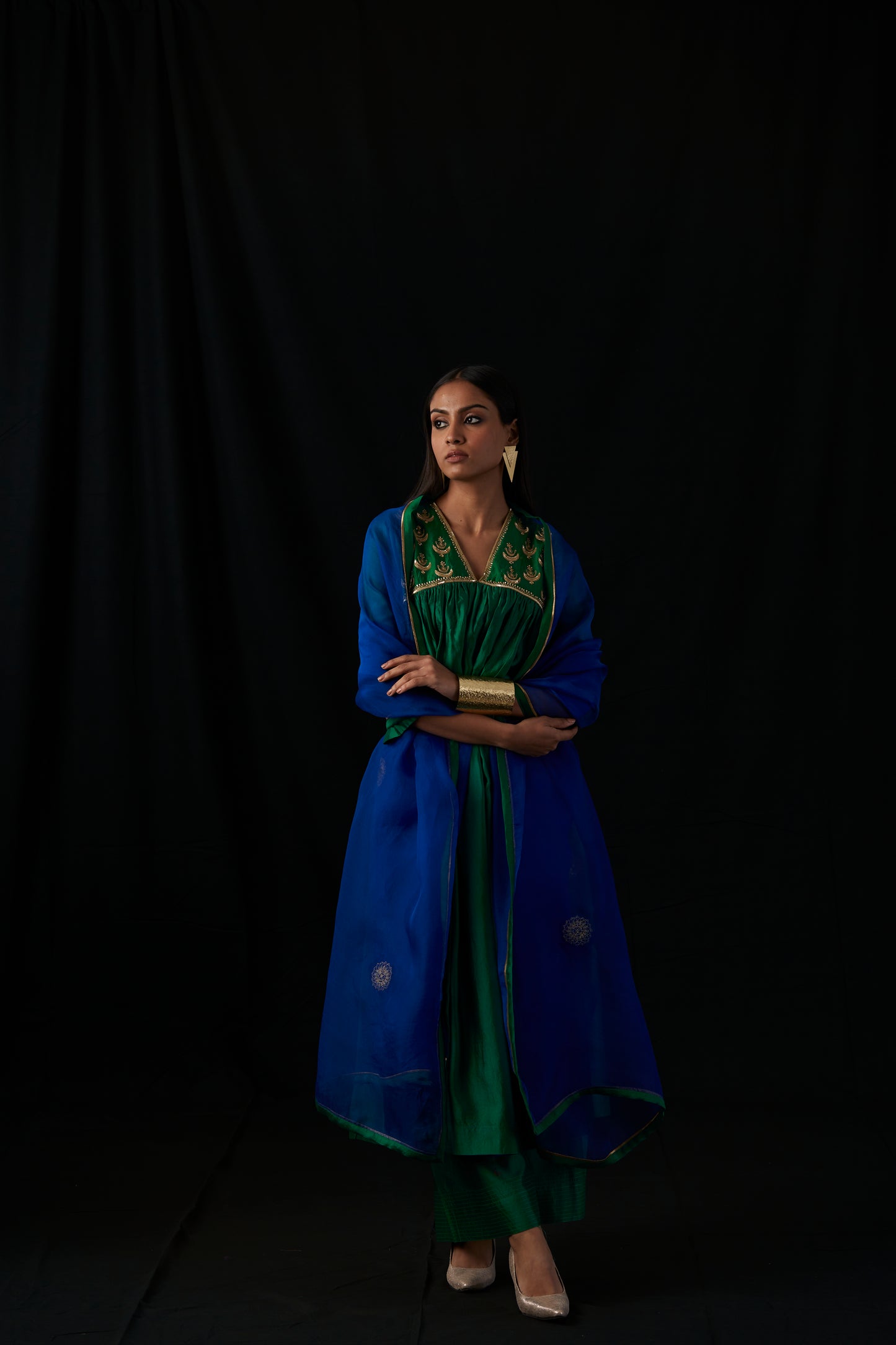 Silk - Chand Set - emerald  Green with embroidered organza dupatta