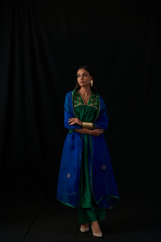 Silk - Chand Set - emerald  Green with embroidered organza dupatta