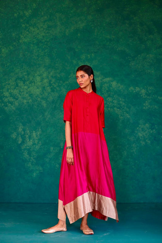 Ruby Reverie: Red + Magenta + Ecru Block Print Silk Dress