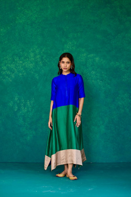 Aqua Harmony: Blue + Green + Ecru Block Print Silk Dress