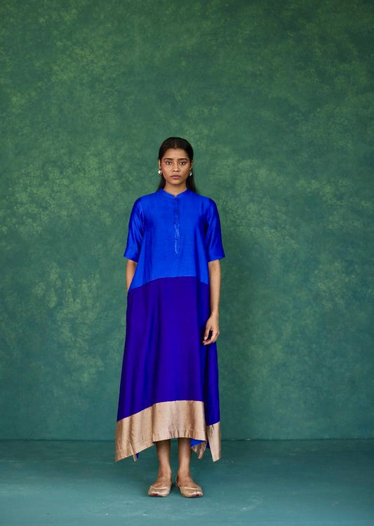 Twilight Bloom: Blue + Violet + Ecru Block Print Silk Dress