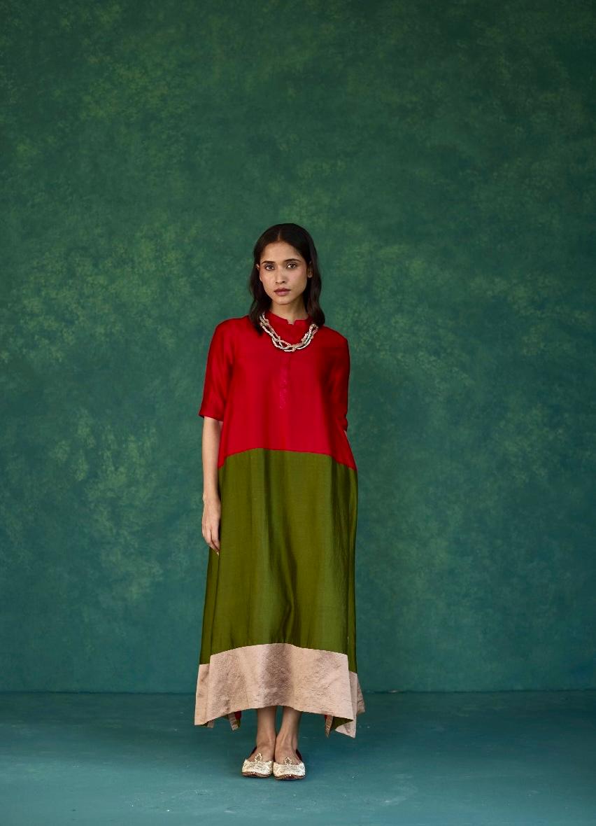 Autumn Grace: Red + Olive Green + Ecru Block Print Silk Dress